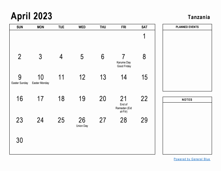 April 2023 Printable Monthly Calendar with Tanzania Holidays