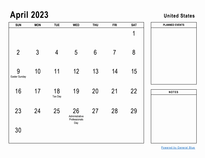 April 2023 Printable Monthly Calendar with United States Holidays