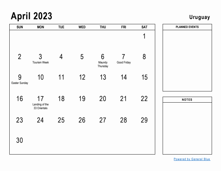 April 2023 Printable Monthly Calendar with Uruguay Holidays