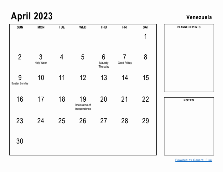 April 2023 Printable Monthly Calendar with Venezuela Holidays