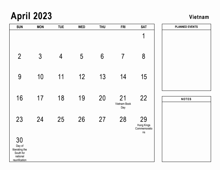 April 2023 Printable Monthly Calendar with Vietnam Holidays