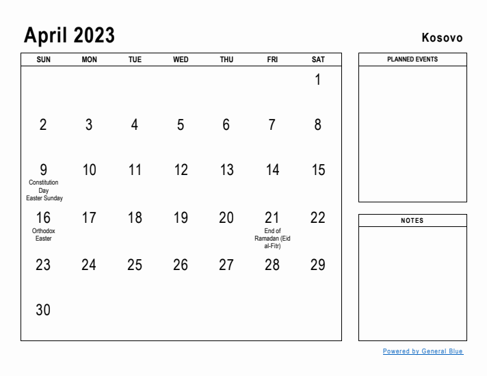 April 2023 Printable Monthly Calendar with Kosovo Holidays