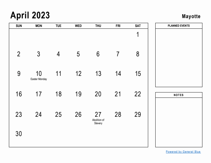 April 2023 Printable Monthly Calendar with Mayotte Holidays