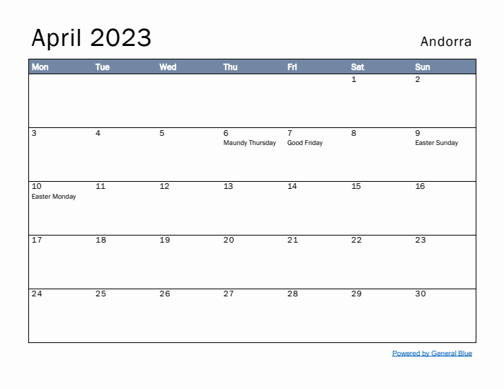 April 2023 Simple Monthly Calendar for Andorra