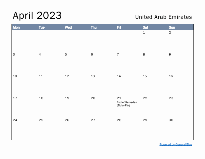 April 2023 Simple Monthly Calendar for United Arab Emirates