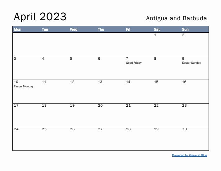 April 2023 Simple Monthly Calendar for Antigua and Barbuda