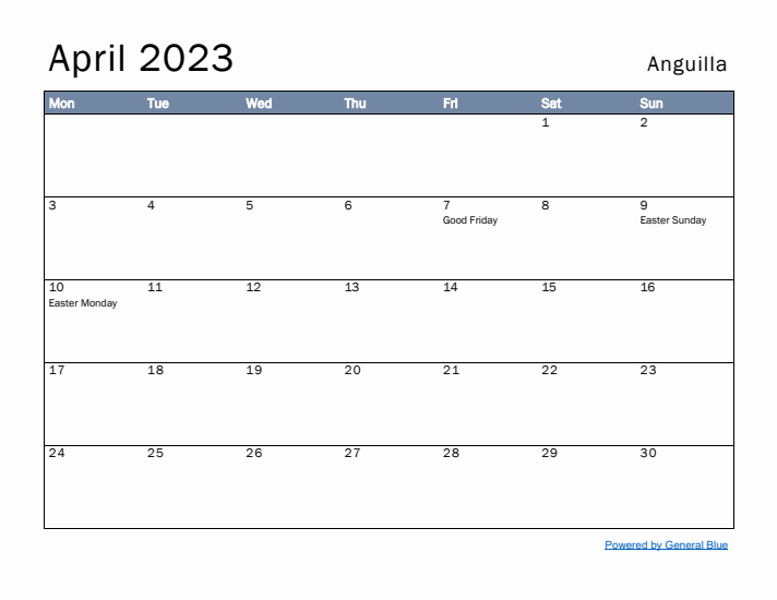 April 2023 Simple Monthly Calendar for Anguilla