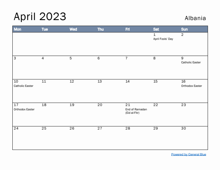 April 2023 Simple Monthly Calendar for Albania