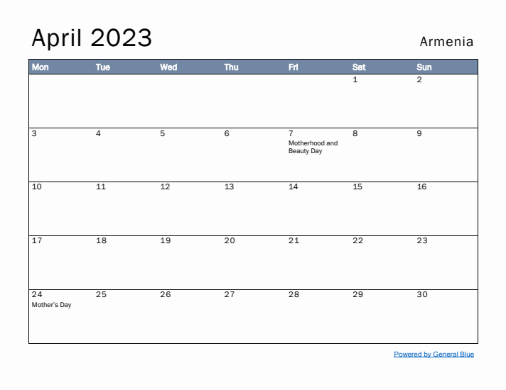 April 2023 Simple Monthly Calendar for Armenia