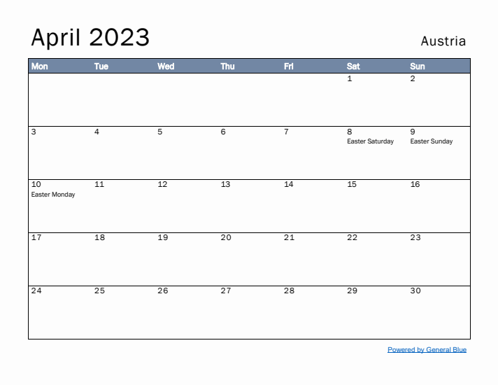 April 2023 Simple Monthly Calendar for Austria