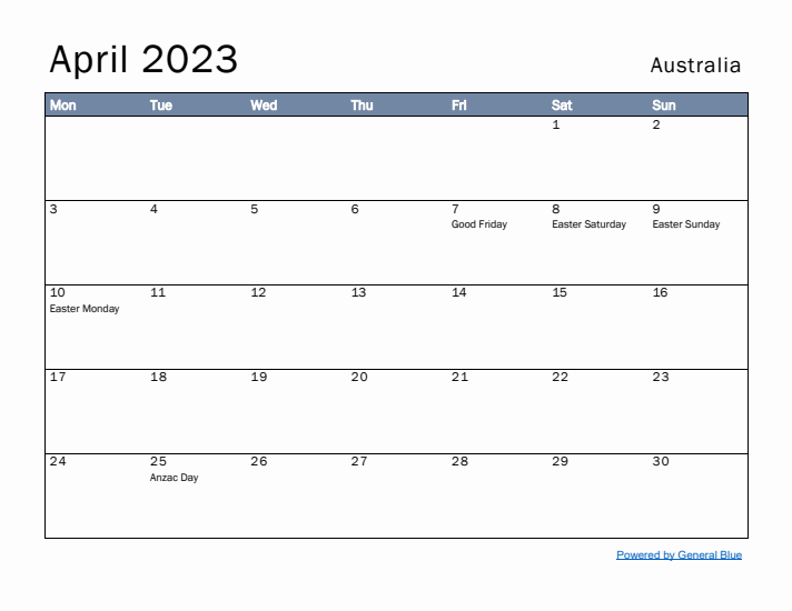 April 2023 Simple Monthly Calendar for Australia