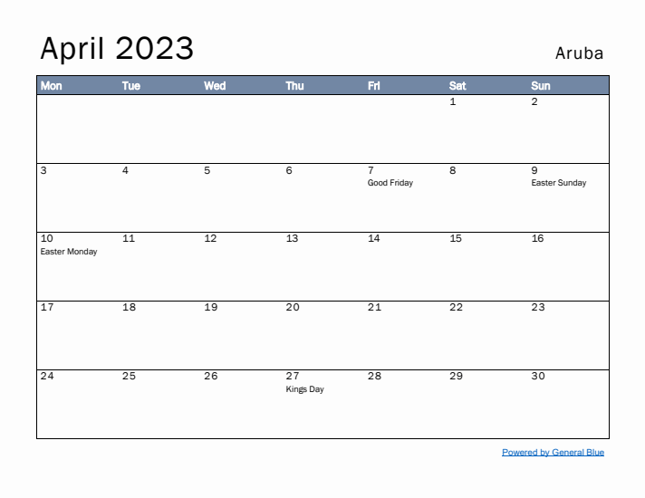 April 2023 Simple Monthly Calendar for Aruba