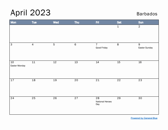 April 2023 Simple Monthly Calendar for Barbados