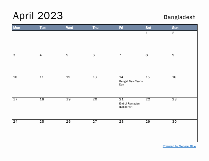 April 2023 Simple Monthly Calendar for Bangladesh