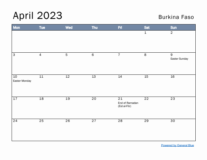 April 2023 Simple Monthly Calendar for Burkina Faso