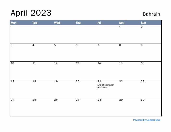 April 2023 Simple Monthly Calendar for Bahrain