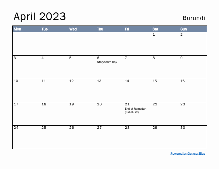 April 2023 Simple Monthly Calendar for Burundi