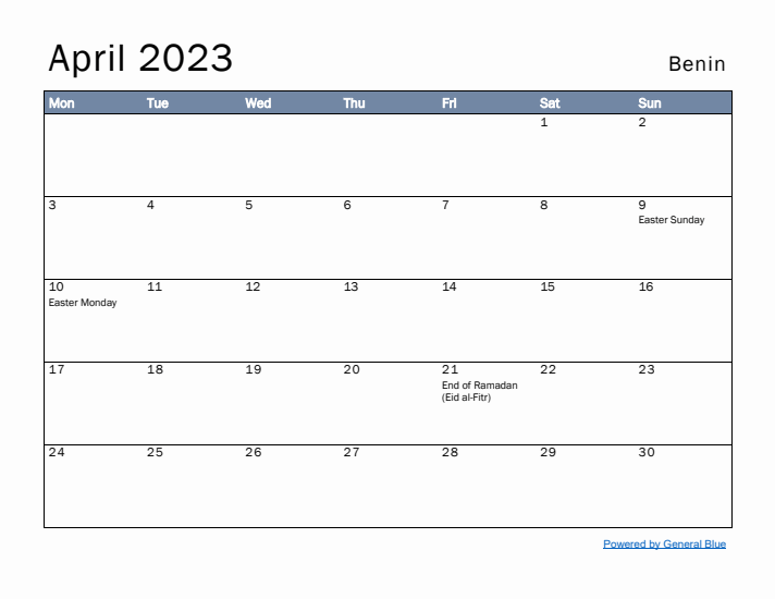 April 2023 Simple Monthly Calendar for Benin