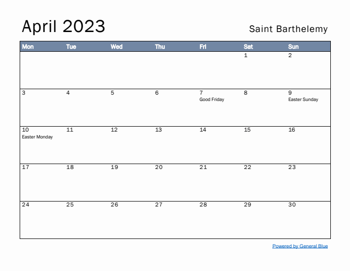 April 2023 Simple Monthly Calendar for Saint Barthelemy