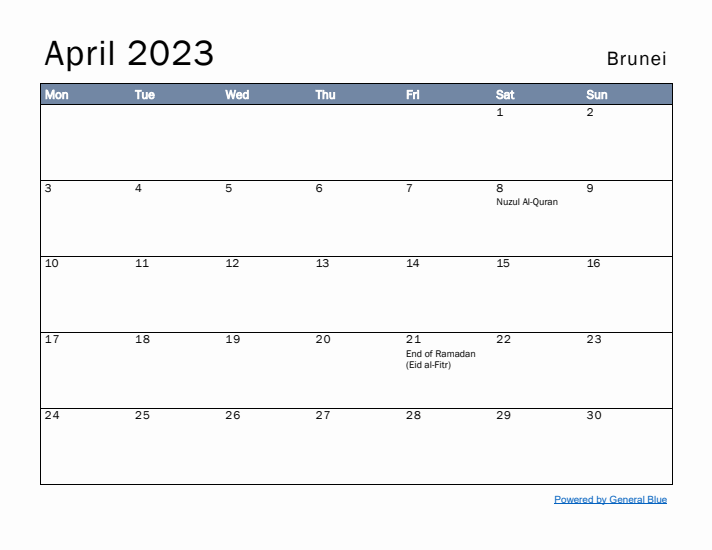 April 2023 Simple Monthly Calendar for Brunei