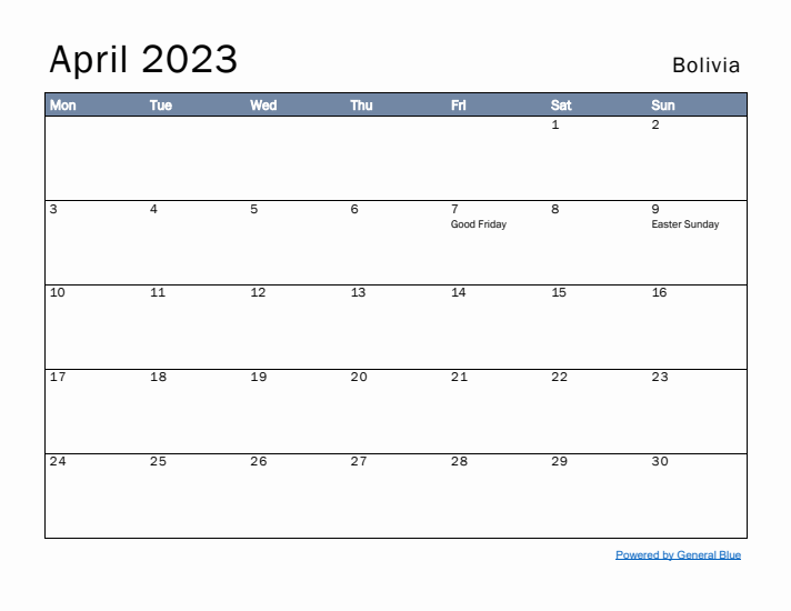 April 2023 Simple Monthly Calendar for Bolivia