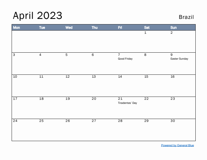 April 2023 Simple Monthly Calendar for Brazil