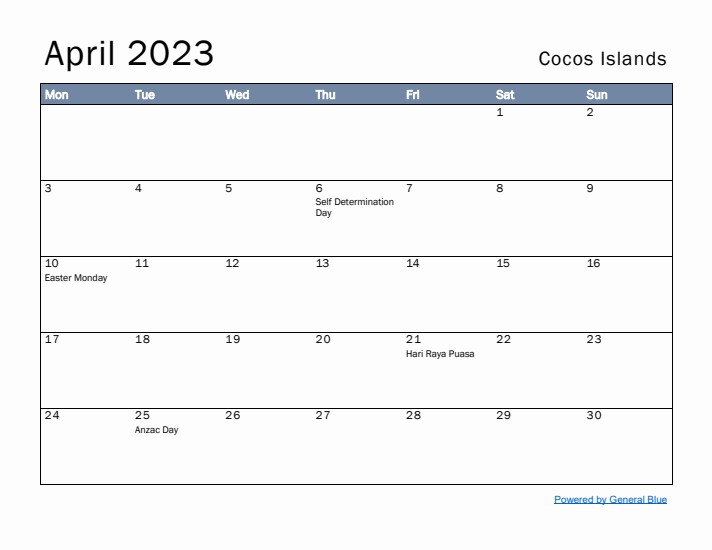 April 2023 Simple Monthly Calendar for Cocos Islands