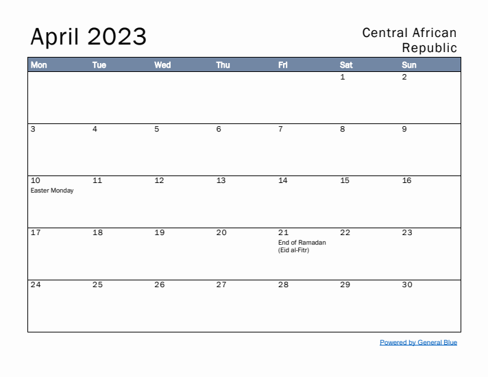 April 2023 Simple Monthly Calendar for Central African Republic