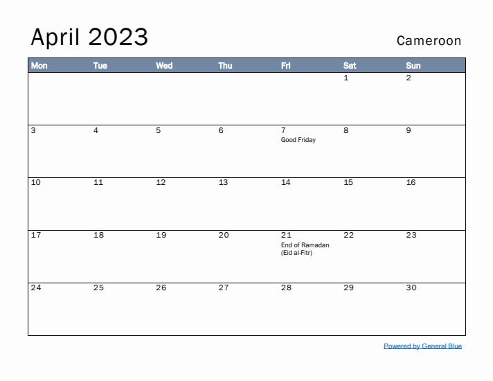 April 2023 Simple Monthly Calendar for Cameroon