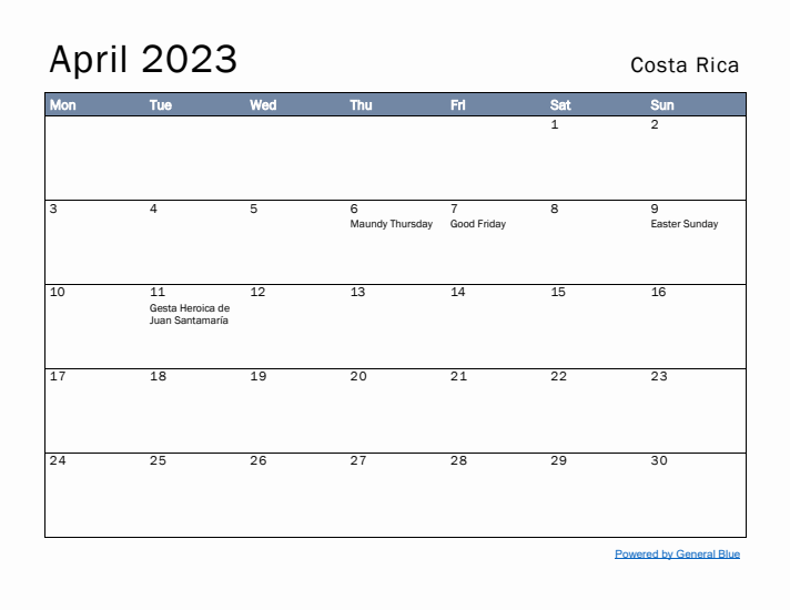 April 2023 Simple Monthly Calendar for Costa Rica