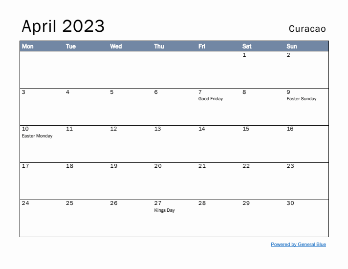 April 2023 Simple Monthly Calendar for Curacao