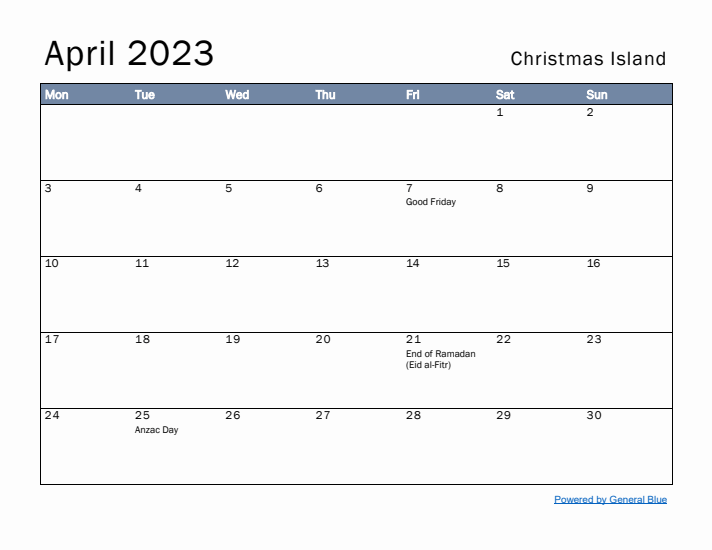 April 2023 Simple Monthly Calendar for Christmas Island