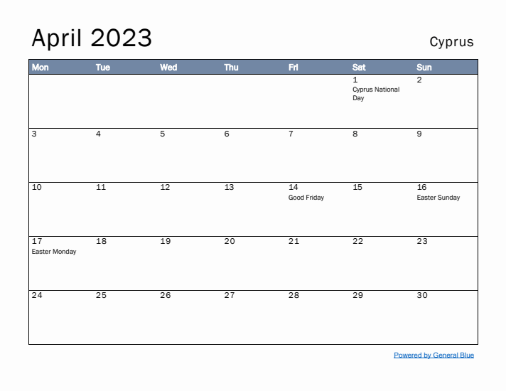 April 2023 Simple Monthly Calendar for Cyprus