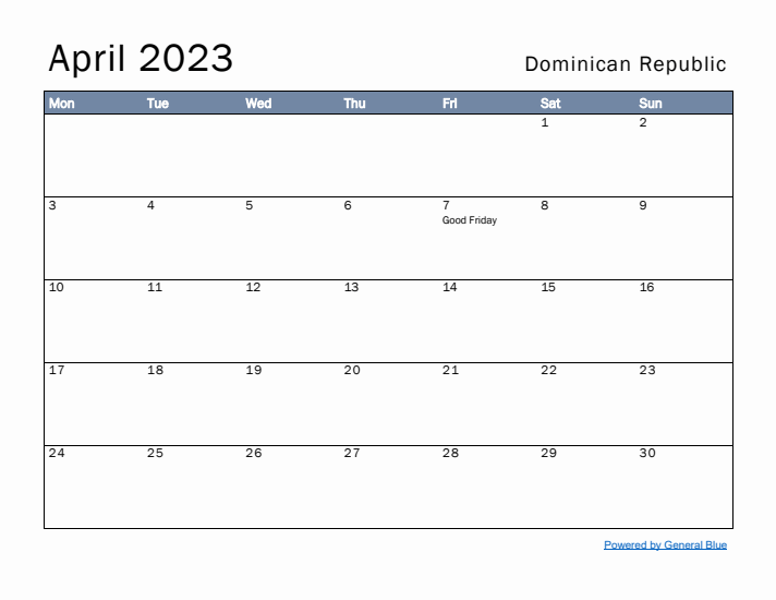 April 2023 Simple Monthly Calendar for Dominican Republic