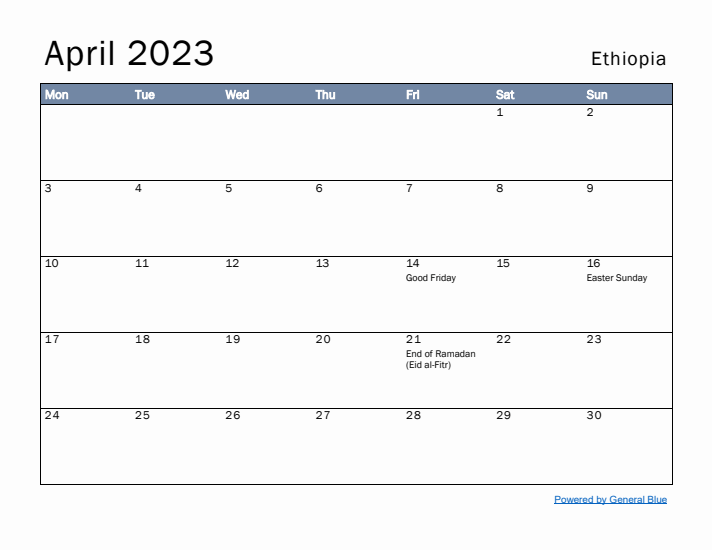 April 2023 Simple Monthly Calendar for Ethiopia