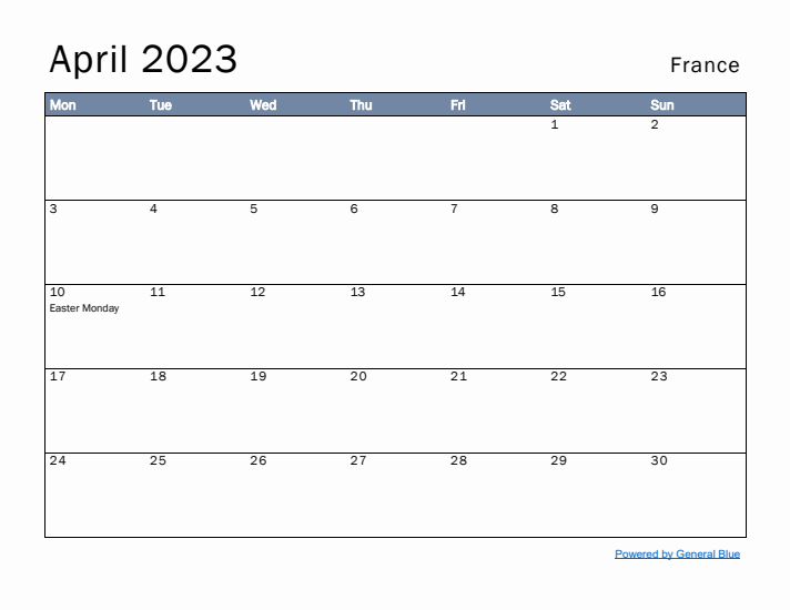 April 2023 Simple Monthly Calendar for France