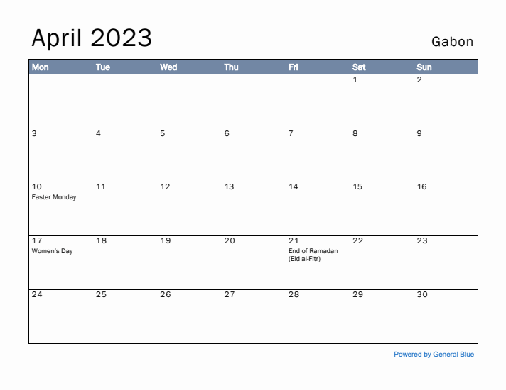 April 2023 Simple Monthly Calendar for Gabon