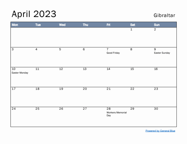 April 2023 Simple Monthly Calendar for Gibraltar