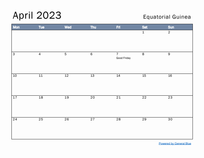 April 2023 Simple Monthly Calendar for Equatorial Guinea