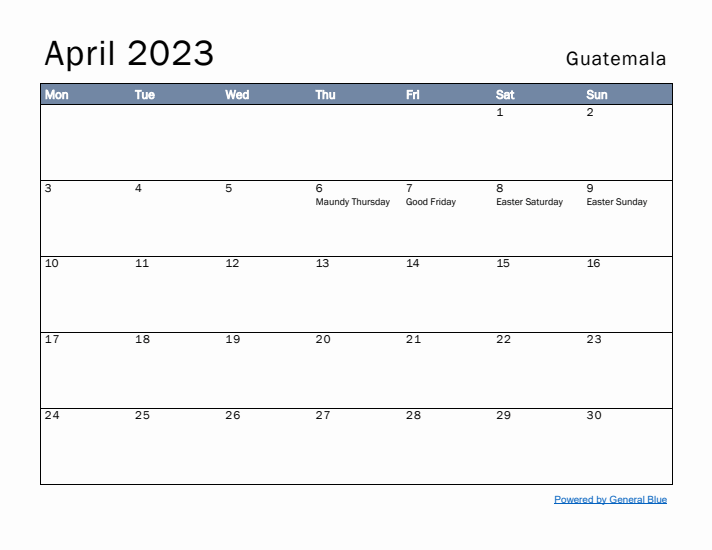 April 2023 Simple Monthly Calendar for Guatemala