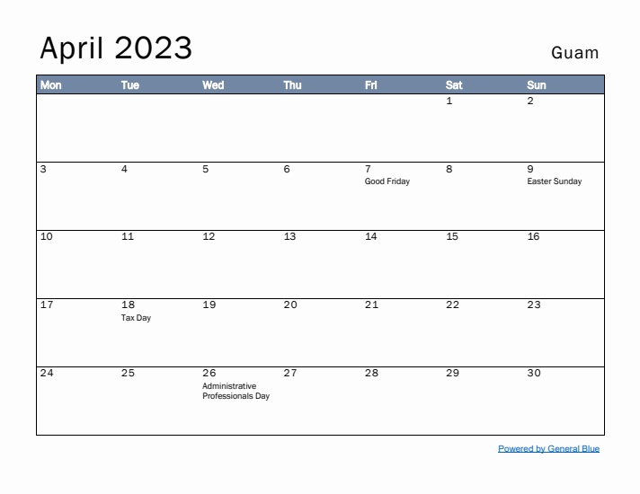 April 2023 Simple Monthly Calendar for Guam