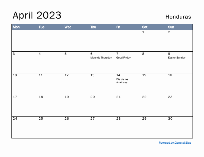 April 2023 Simple Monthly Calendar for Honduras