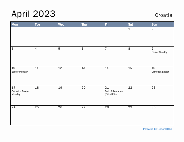 April 2023 Simple Monthly Calendar for Croatia