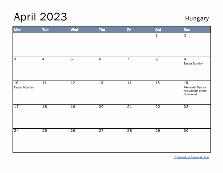 April 2023 Simple Monthly Calendar for Hungary