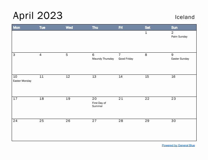 April 2023 Simple Monthly Calendar for Iceland