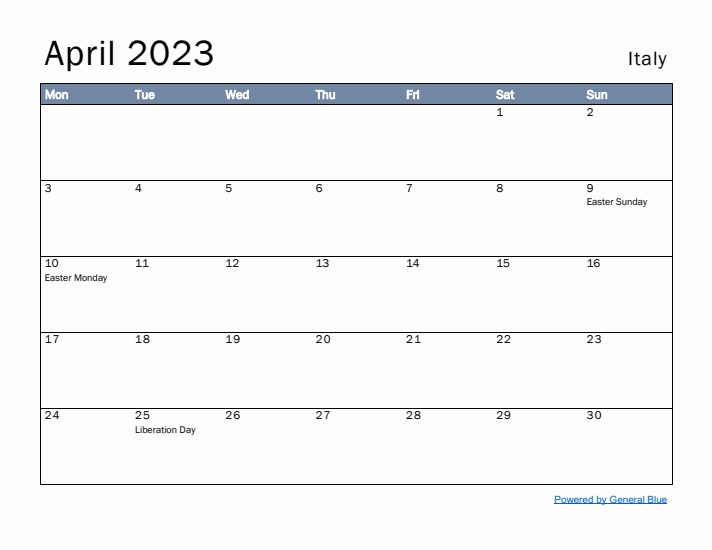 April 2023 Simple Monthly Calendar for Italy