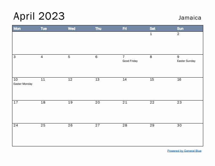 April 2023 Simple Monthly Calendar for Jamaica