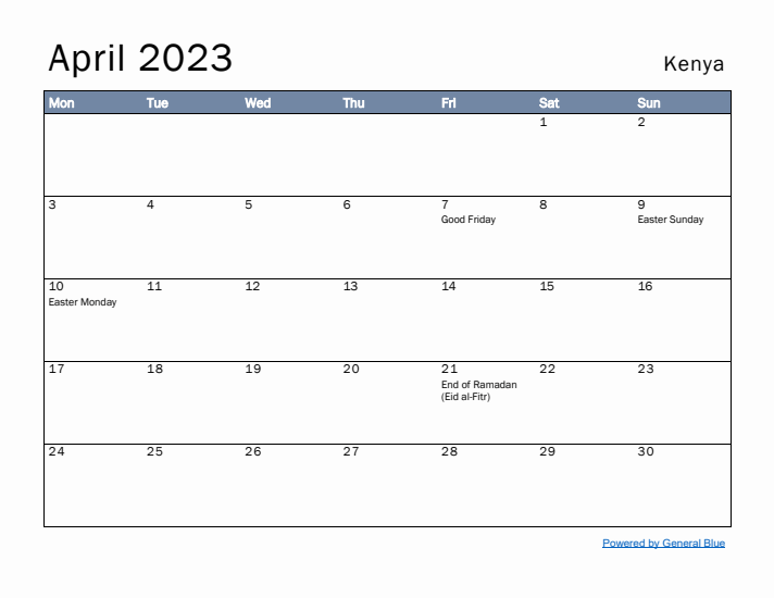 April 2023 Simple Monthly Calendar for Kenya