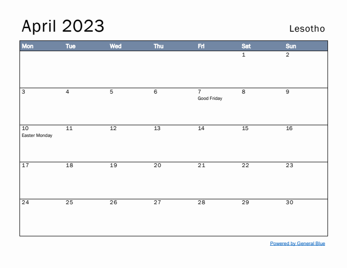 April 2023 Simple Monthly Calendar for Lesotho