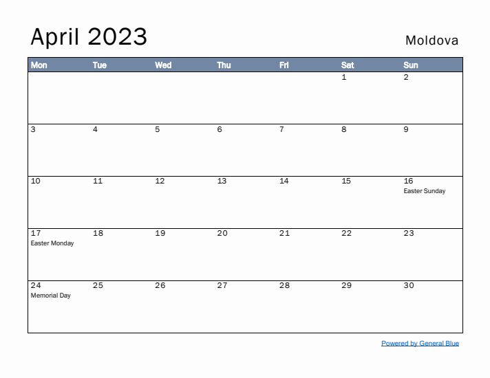 April 2023 Simple Monthly Calendar for Moldova